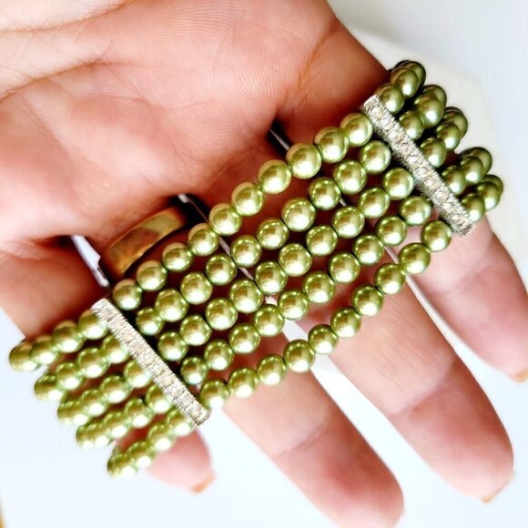 Multi Strand Glass Pearl Bracelet Rhinestone Slider Clasp Light Olive Green 7.5" - Picture 2 of 4